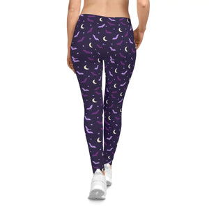 Moon & Bat Halloween Leggings — Purple Night Sky All-Over Print