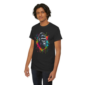 A Gorilla with a headphones with splashes of color, Unisex Heavy Cotton Tee