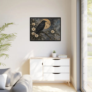 Framed canvas wall art – gothic raven and moon floral painting - printable