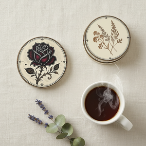 Vintage Black Rose Ceramic Coaster — Gothic Floral Drink Mat