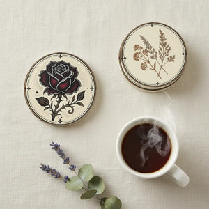 DipaliZ vintage black rose ceramic coaster drawn as a botanical plate