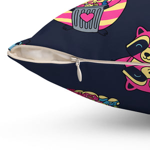 Cute Neon Raccoon Pattern Square Pillow — Colorful Cartoon Accent Cushion