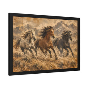 Framed paper poster – wild horses running through mountain landscape - posters