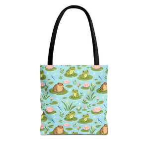 Frog Pond Pattern Tote Bag — Cute Lily Pad Frog All-Over Print Tote