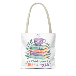 Book Lover Tote Bag — “I Read Books Like It’s My Job” Illustrated Stack & Tea