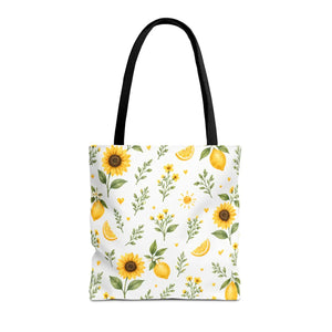 Sunflower & Lemon Pattern Tote Bag — Floral Summer Market Tote