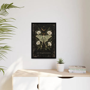 Framed canvas wall art luna moth “grow through the darkness” botanical decor - printable