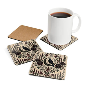 Gothic Raven Cork Coaster Set — Crescent Moon, Roses & Candles