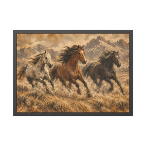 Framed paper poster – wild horses running through mountain landscape - posters