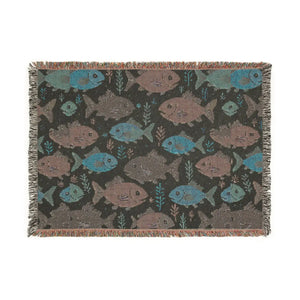 Fish Pattern Woven Blanket – Nautical Coastal Throw with Colorful School of Fish Design