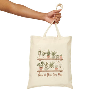 Plant Shelf Canvas Tote — "Grow at Your Own Pace" Reusable Market Bag