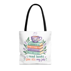 Book Lover Tote Bag — “I Read Books Like It’s My Job” Illustrated Stack & Tea