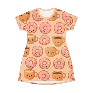 Cute donut and coffee t-shirt dress casual summer kawaii fashion gift for her loungewear - dresses