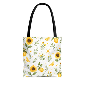 Sunflower & Lemon Pattern Tote Bag — Floral Summer Market Tote