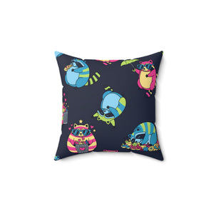 Cute Neon Raccoon Pattern Square Pillow — Colorful Cartoon Accent Cushion
