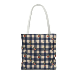 Gingham Rose Tote Bag — Vintage Navy Check Floral All-Over Print Tote