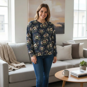 Floral All-Over Print Sweatshirt — Vintage Navy Blossom Pattern