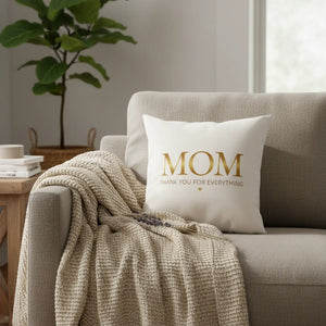 Mom thank you throw pillow by DipaliZ on faux linen with gold text