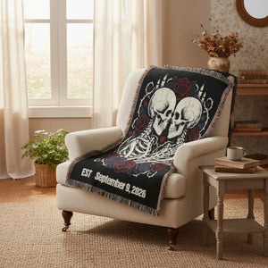 Personalized Woven Blanket — Gothic Kissing Skulls & Roses Throw (EST. September 4, 2020)