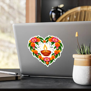 Heart-shaped diya and marigold floral vinyl decal - home decor decals