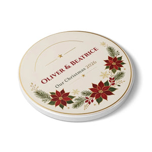 Personalized Poinsettia Christmas Coaster — 'Oliver & Beatrice Our Christmas 2026' Ceramic Holiday Drink Coaster