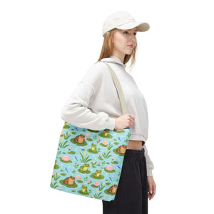 Frog Pond Pattern Tote Bag — Cute Lily Pad Frog All-Over Print Tote