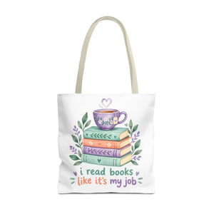 Book Lover Tote Bag — “I Read Books Like It’s My Job” Illustrated Stack & Tea