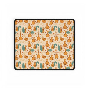 Cute Orange Cat Pattern Desk Mat — Large Playful Mouse & Floral Gaming/Office Desk Pad