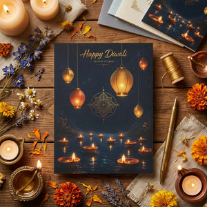 Diwali greeting card – ’happy diwali’ lanterns & diyas folded (1/10 pcs) - cards