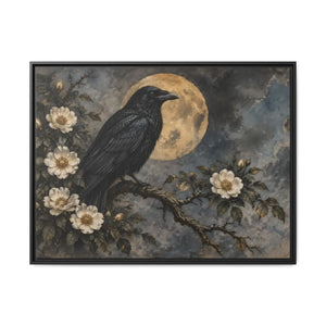 Framed canvas wall art – gothic raven and moon floral painting - printable
