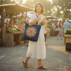 Mandala Floral Tote Bag — Vibrant Boho Lotus Design on Navy