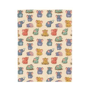 A rectangular sheet featuring a repeating pattern of cute cartoon elephants in various colors on a light beige background.