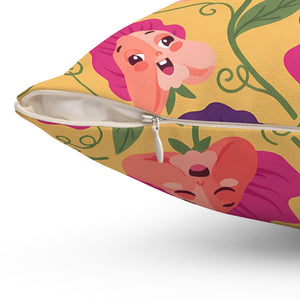 Floral Pansy Face Decorative Pillow — Cheerful Yellow Botanical Throw Pillow