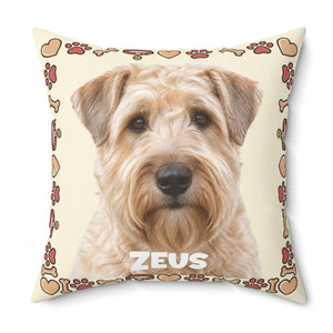 Personalized Dog Photo Pillow — Custom Pet Name "ZEUS" Square Throw Pillow, Cute Heart & Paw Border