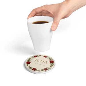 Personalized Poinsettia Christmas Ceramic Coaster — Custom Name & Date Holiday Drink Mat