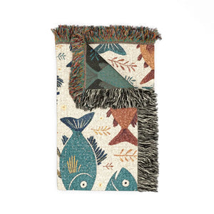 Fish Pattern Woven Blanket – Nautical Coastal Throw with Colorful School of Fish Design