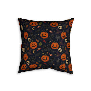 Halloween Pumpkin & Skull Faux Linen Pillow — Spooky Jack-o'-Lantern Decorative Cushion