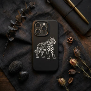 Tiger phone case, black protective tough with white illustration - mobile cases