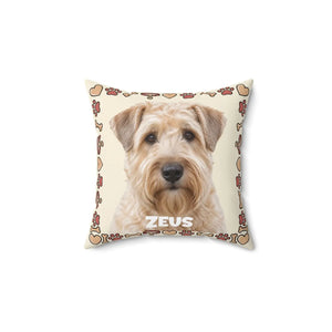 Personalized Dog Photo Pillow — Custom Pet Name "ZEUS" Square Throw Pillow, Cute Heart & Paw Border