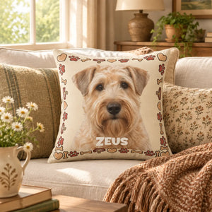 Personalized Dog Photo Pillow — Custom Pet Name "ZEUS" Square Throw Pillow, Cute Heart & Paw Border