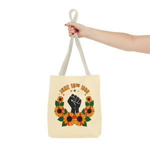 Juneteenth celebration tote bag – ’june 19th 1865’ sunflower & black power fist aop - bags