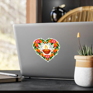 Heart-shaped diya and marigold floral vinyl decal - home decor decals