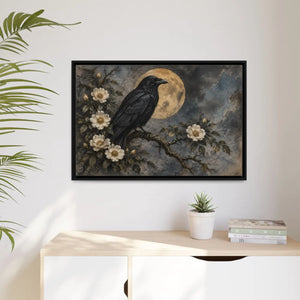 Framed canvas wall art – gothic raven and moon floral painting - printable