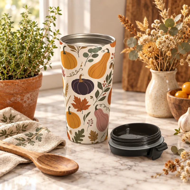 Autumn Pumpkins Stainless Steel Travel Mug — Fall Leaves & Gourds Design
