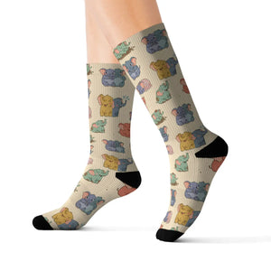 Cute Pastel Bear Pattern Sublimation Socks — Cozy Novelty Crew Socks for Women & Men