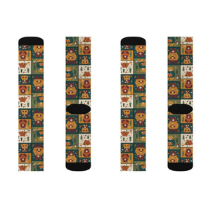 Autumn Patchwork Fox Socks — Cute Fall Animal Sublimation Crew Socks