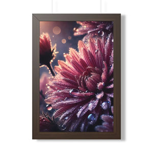 Chrysanthemum with dew drops framed vertical poster - posters