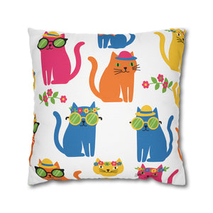 Colorful Cat Pattern Square Pillow Cover — Cute Sunglasses Cats Decorative Throw Pillowcase