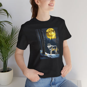 A wolf in a moonlit forest with a full moon, Unisex Jersey Short Sleeve Tee