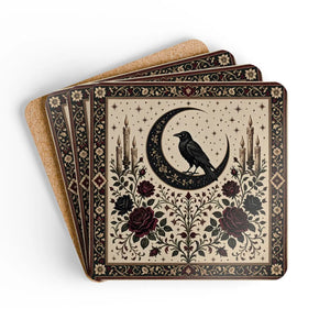 Mystic Raven & Crescent Moon Cork Coaster Set — Gothic Floral Drink Coasters